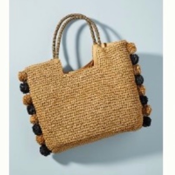 Anthropologie Laurel & Gold Preppy Pom Pom Tote - Picture 1 of 8